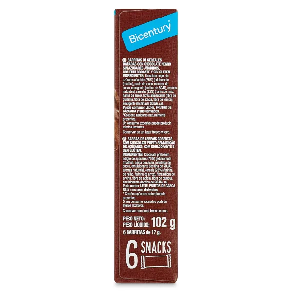 Barritas de cereales bañadas con chocolate negro sin azúcares Bicentury 102 g 4