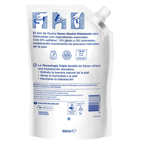 Recambio gel de ducha hidratante Sanex Neutro 950ml 2