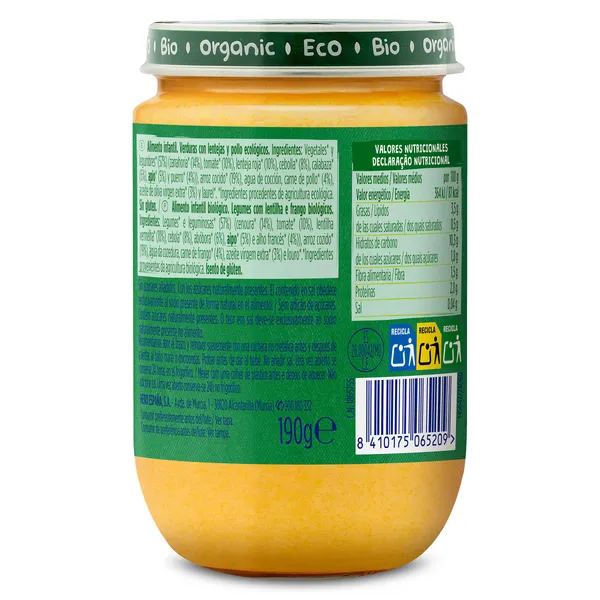 Puré de verduras con lentejas y pollo bio Hero 190 g 3