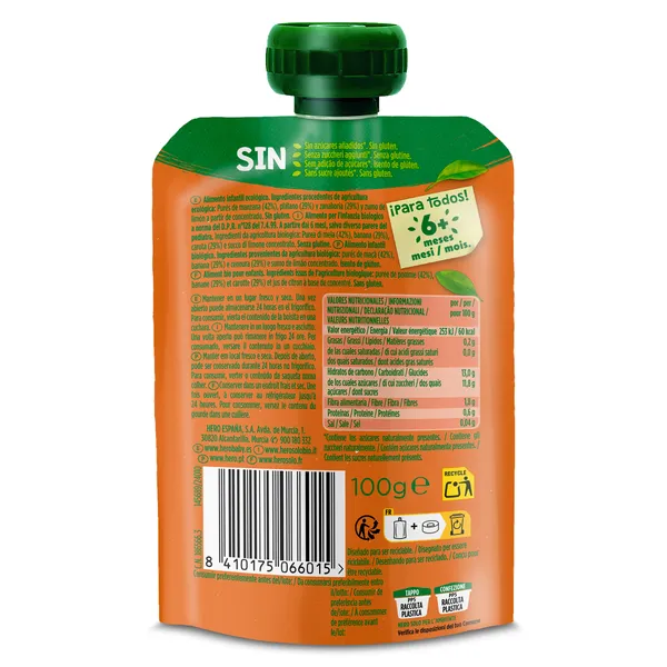 Alimento infantil con puré manzana, plátano y zanahoria 100% ecológica Hero bolsa 100 g 3