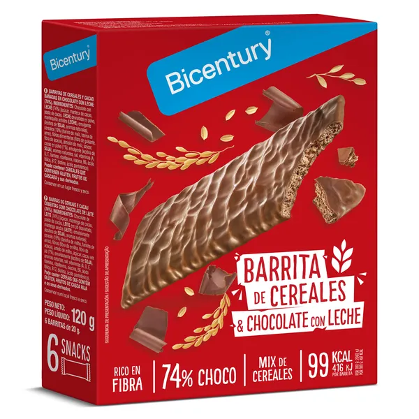 Barritas de cereales y cacao bañadas en chocolate con leche Bicentury 120 g 2