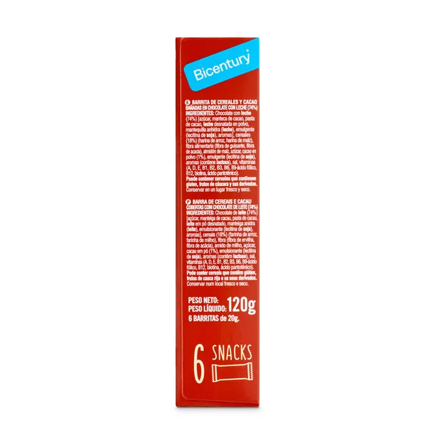 Barritas de cereales y cacao bañadas en chocolate con leche Bicentury 120 g 5
