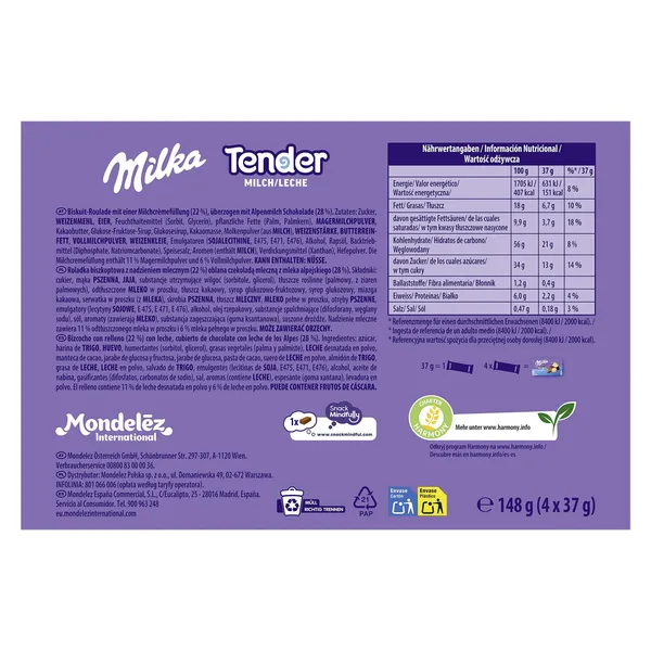 Bizcocho relleno con leche tender Milka caja 148 g 2