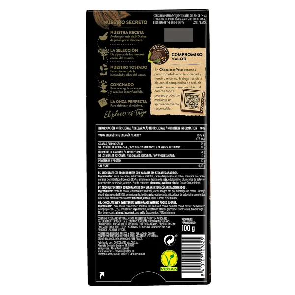 Chocolate negro 70% naranja sin azúcar añadido Valor 100 g 3