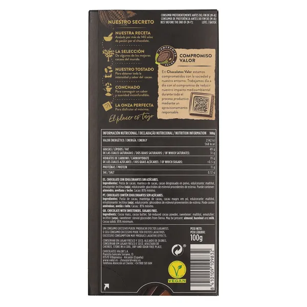 Chocolate negro 85% cacao sin azúcar añadido Valor 100 g 2