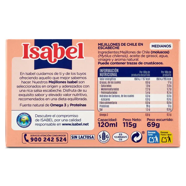 Mejillones en escabeche 8/12 piezas Isabel lata 69 g 3
