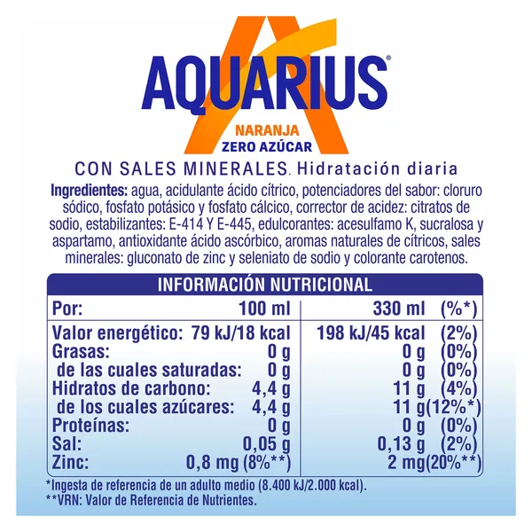 Bebida refrescante de naranja zero azúcar Aquarius lata 330 ml 2