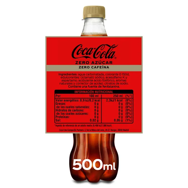 Refresco de cola zero azúcar zero cafeína Coca-Cola botella 50 cl 2
