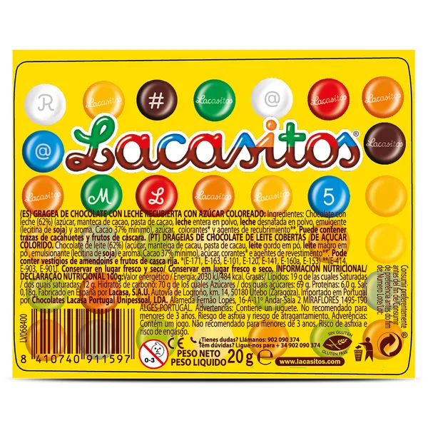 Grageas de chocolate con leche Lacasitos bote 20 g 2