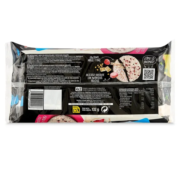 Tortitas de arroz con chocolate blanco y frutos rojos Bicentury bolsa 132 g 2