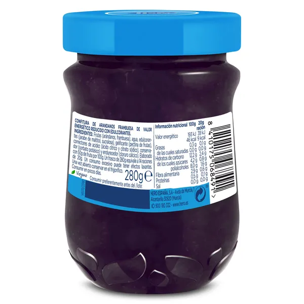 Confitura de arándanos y frambuesas 0% azúcares añadidos Hero 280 g 3