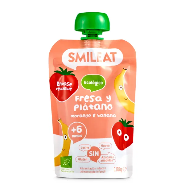 Postre lácteo infantil con puré de fresa y plátano Smileat bolsa 100 g 2