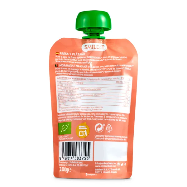 Postre lácteo infantil con puré de fresa y plátano Smileat bolsa 100 g 3