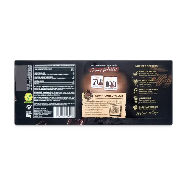 Chocolate negro 92% cacao Valor 170 g 2