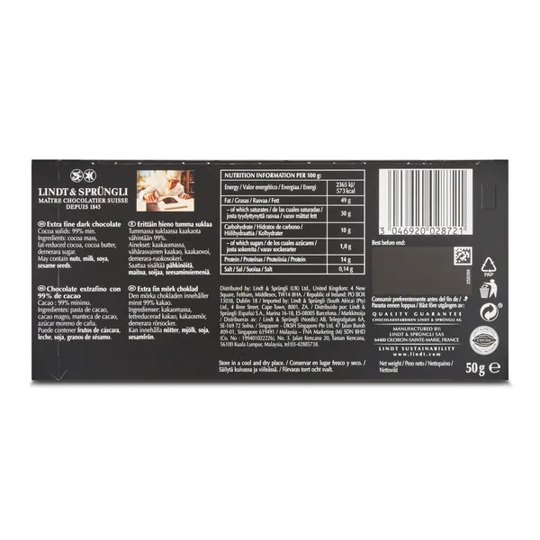 Chocolate negro 99% cacao Lindt Excellence 50 g 2