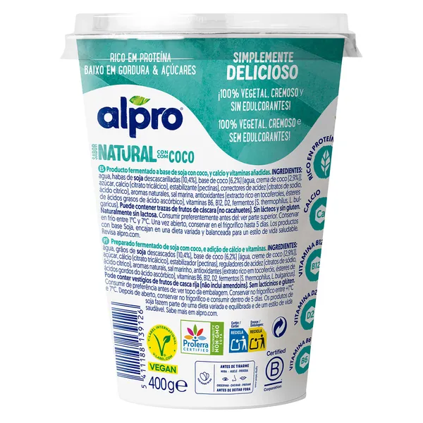 Postre natural de soja con coco Alpro vaso 400 g 2