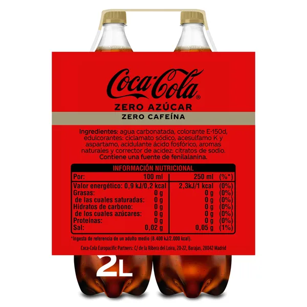 Refresco de cola zero azúcar zero cafeína Coca-Cola botella 2 x 2 L 2