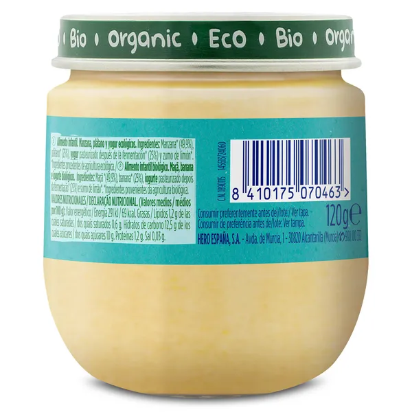 Puré de manzana, plátano y yogur 100% ecológica Hero Baby 120 g 3