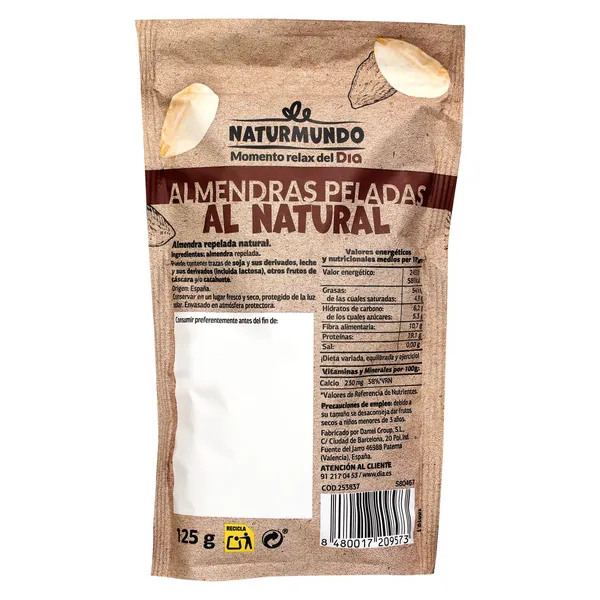 Almendras peladas al natural Dia Naturmundo 125 g 3