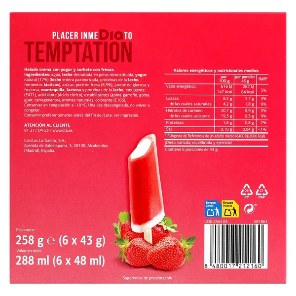 Helados sabor yogur y fresa Dia Temptation 6 x 43 g 4