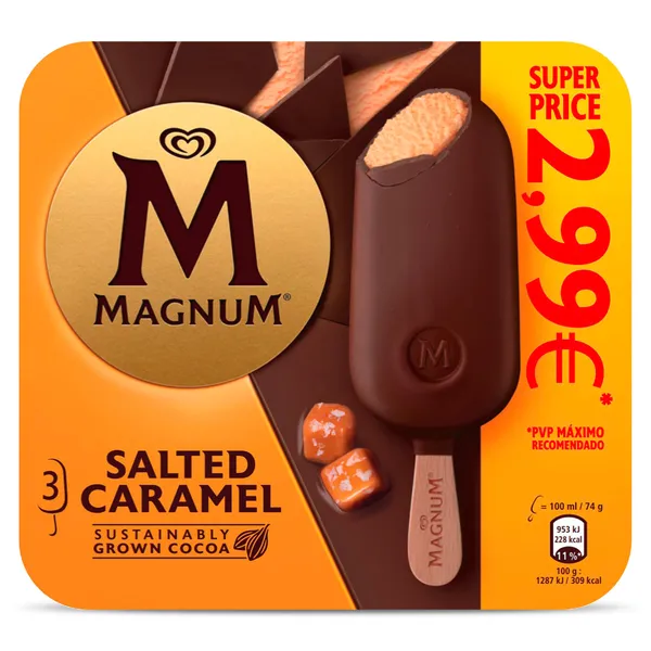 Helado bombón salted caramel 3 unidades Magnum caja 222 g 2