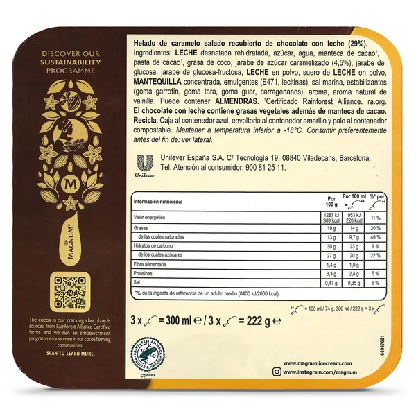 Helado bombón salted caramel 3 unidades Magnum caja 222 g 3