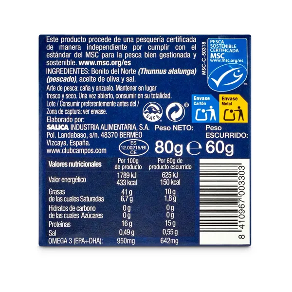 Bonito del norte en aceite de oliva MSC Campos lata 60 g 9