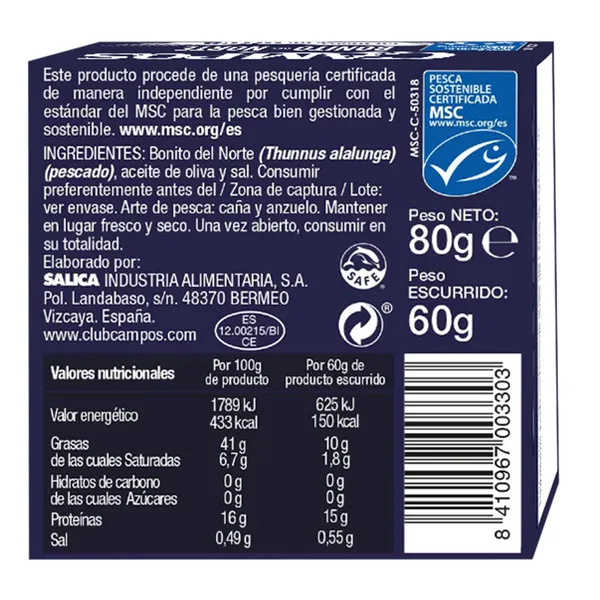Bonito del norte en aceite de oliva MSC Campos lata 60 g 11