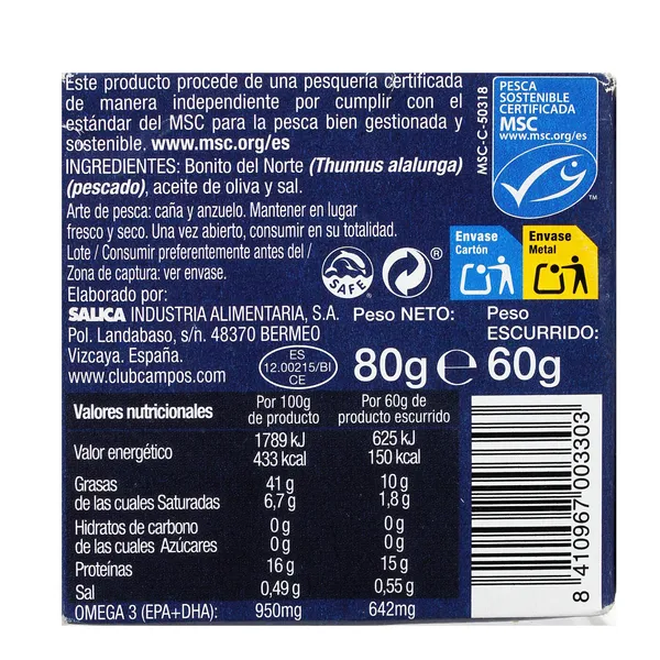 Bonito del norte en aceite de oliva MSC Campos lata 60 g 14