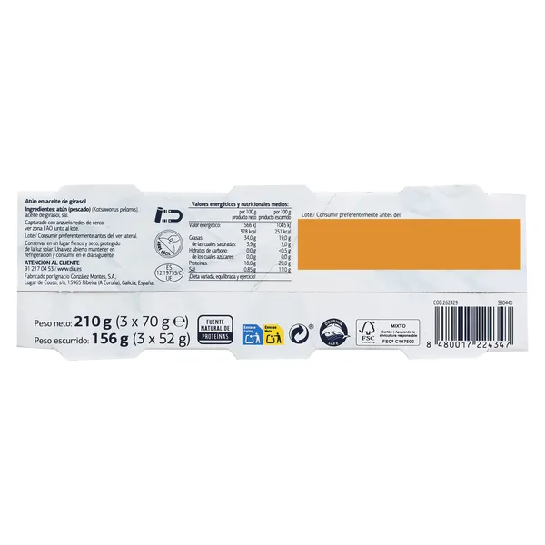 Atún en aceite de girasol Dia Mari Marinera lata 3 x 52 g 3