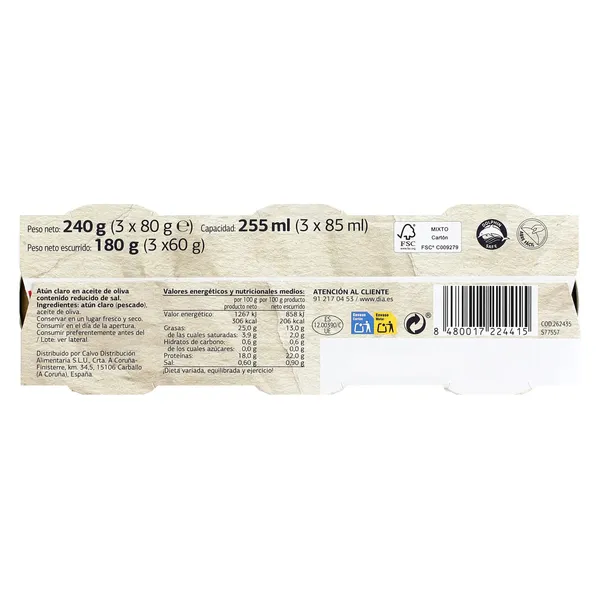 Atún claro en aceite de oliva reducido en sal Dia Mari Marinera lata 3 x 60 g 3