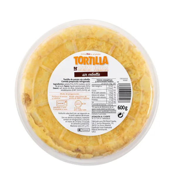 Tortilla de patatas sin cebolla Al Punto Dia bandeja 600 g 2