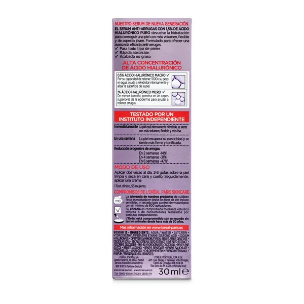 Serum facial con ácido hialurónico L'Oréal bote 30 ml 3