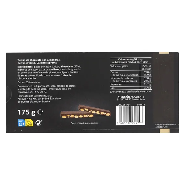 Turrón de chocolate negro con almendras Dulce Noel Dia caja 175 g 3