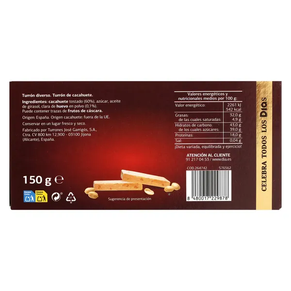 Turrón de crema de cacahuete Dulce Noel Dia caja 150 g 3