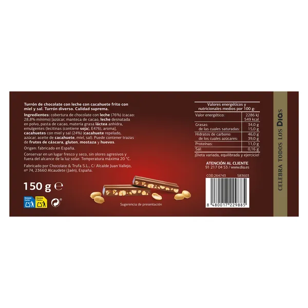 Turrón de chocolate con cacahuete frito con miel Dulce Noel Dia caja 150 g 3