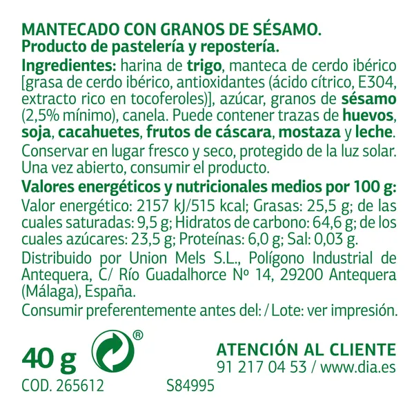 Mantecados de aceite de oliva o sésamo Dulce Noel Dia unidad 6