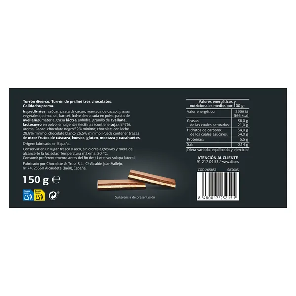Turrón de tres chocolates Dulce Noel Dia caja 150 g 3