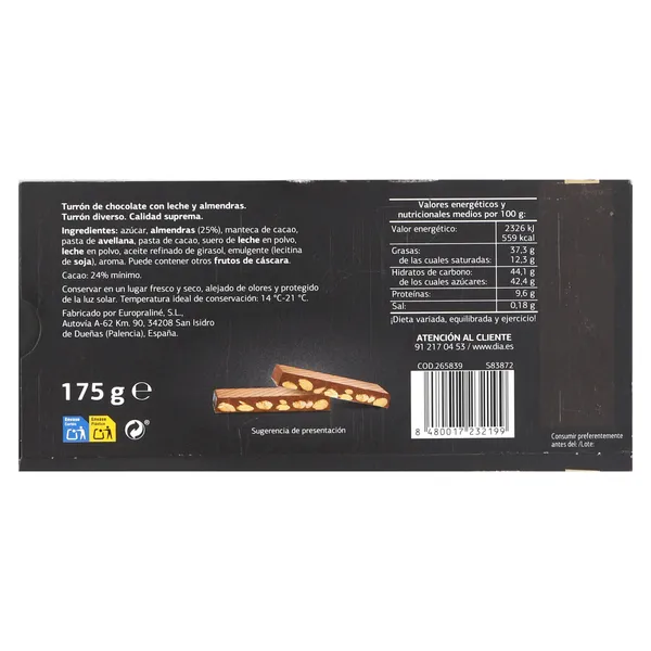 Turrón de chocolate con leche con almendras Dulce Noel Dia caja 175 g 3