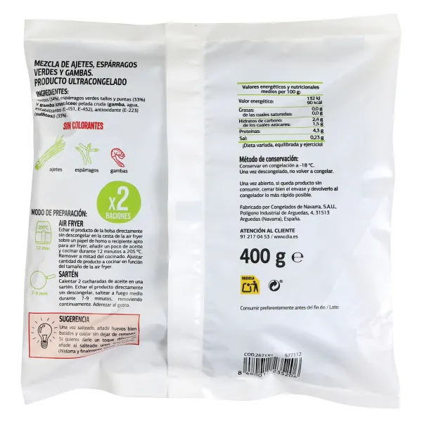 Salteado de gambas, ajetes y espárragos verdes Dia Al punto bolsa 400 g 2