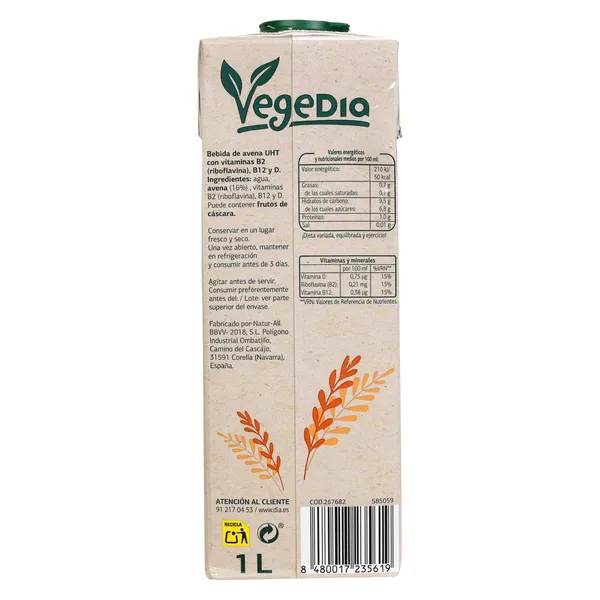Bebida de avena Vegedia brik 1 l 5