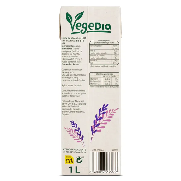 Bebida de almendras 0% azúcares Dia Vegedia 1 L 4