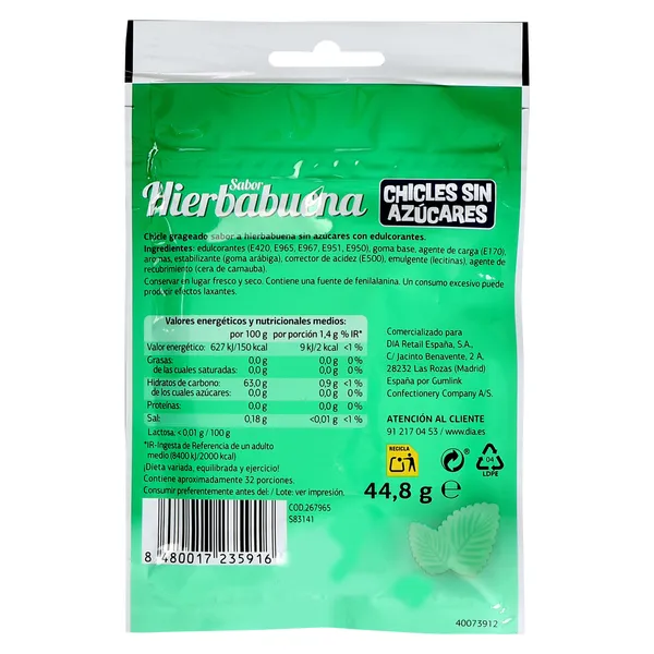 Chicles sabor hierbabuena sin azúcar Iceberg de Dia bolsa 44.8 g 3