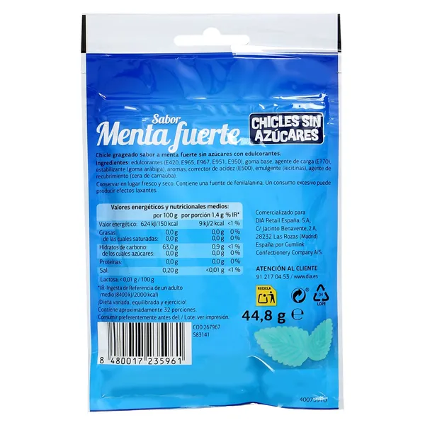 Chicles sabor menta fuerte sin azúcar Iceberg de Dia bolsa 44.8 g 2