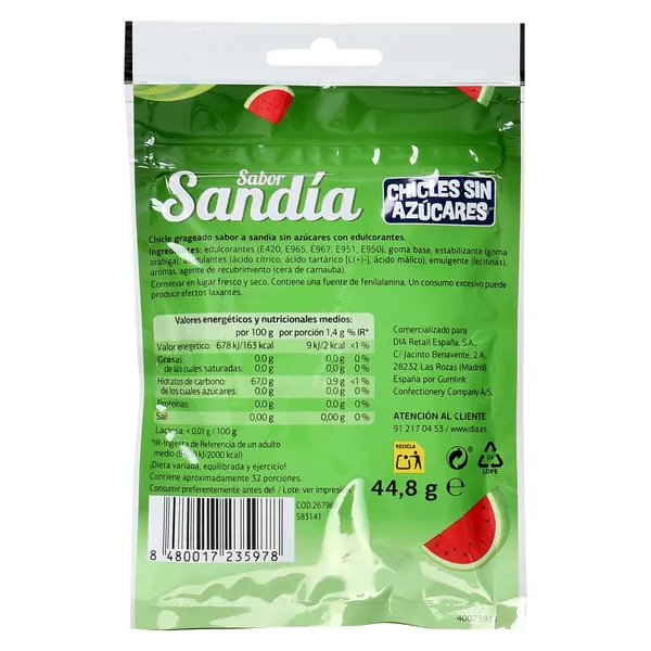 Chicles sabor sandí­a sin azúcar Iceberg de Dia 44.8 g 3