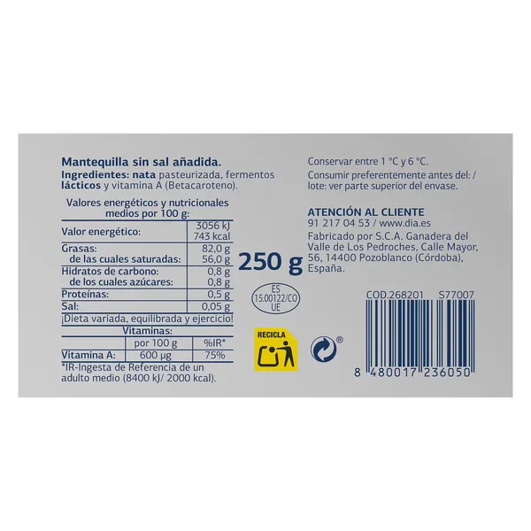 Mantequilla sin sal Dia Láctea 250 g 4