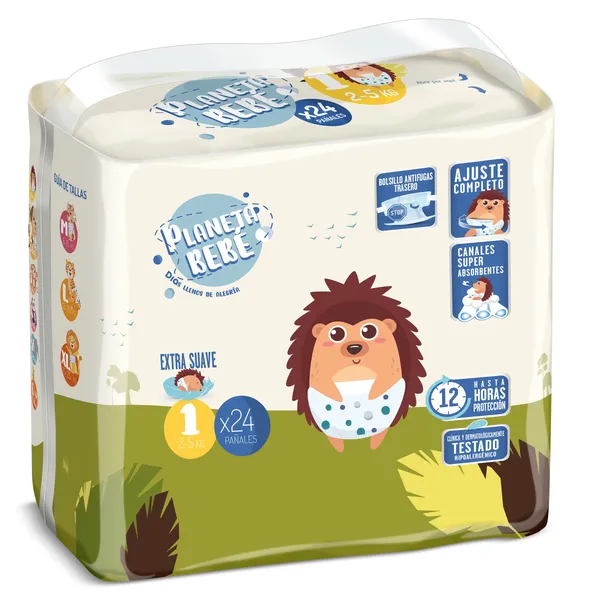 Pañales 2-5 kgs talla 1 Dia Planeta Bebé bolsa 24 unidades 3