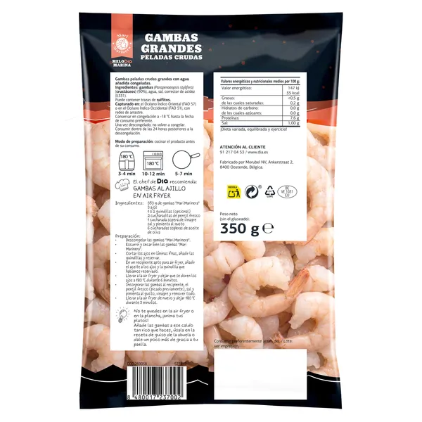 Gambas peladas y crudas grandes Mari Marinera de Dia bolsa 350 g 2