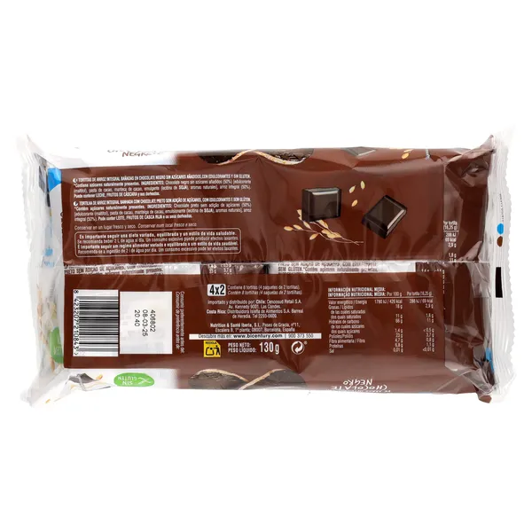 Tortitas de arroz integral con chocolate negro 0% azúcares Bicentury bolsa 130 g 2