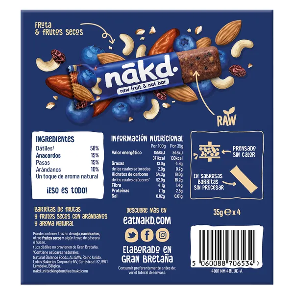 Barritas de fruta con frutos secos y arándanos Nakd caja 140 g 2